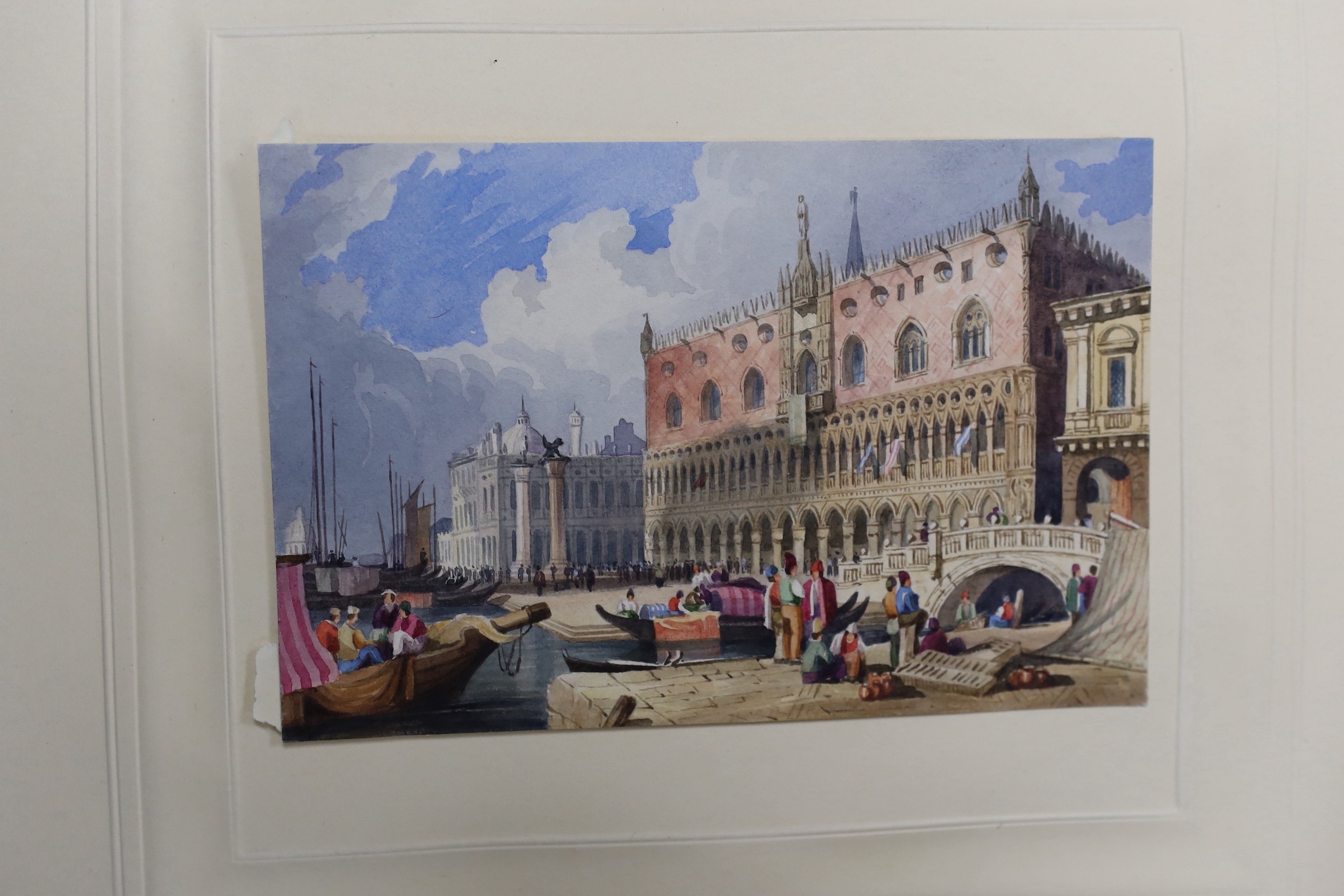 Commonplace book (Delarue, Cornish & Rock) belonging to Lady Georgiana Hanmer (nee Chetwynde, d.1880) ; a leather bound album of assorted watercolours and other sketches including Views of Venice in the manner of Prout,